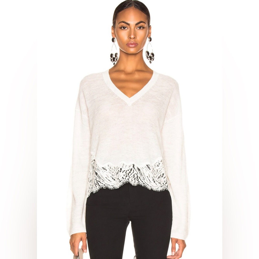 IRO Hysteria Mixed Ecru Long Sleeve Lace Trim V Neck Sweater